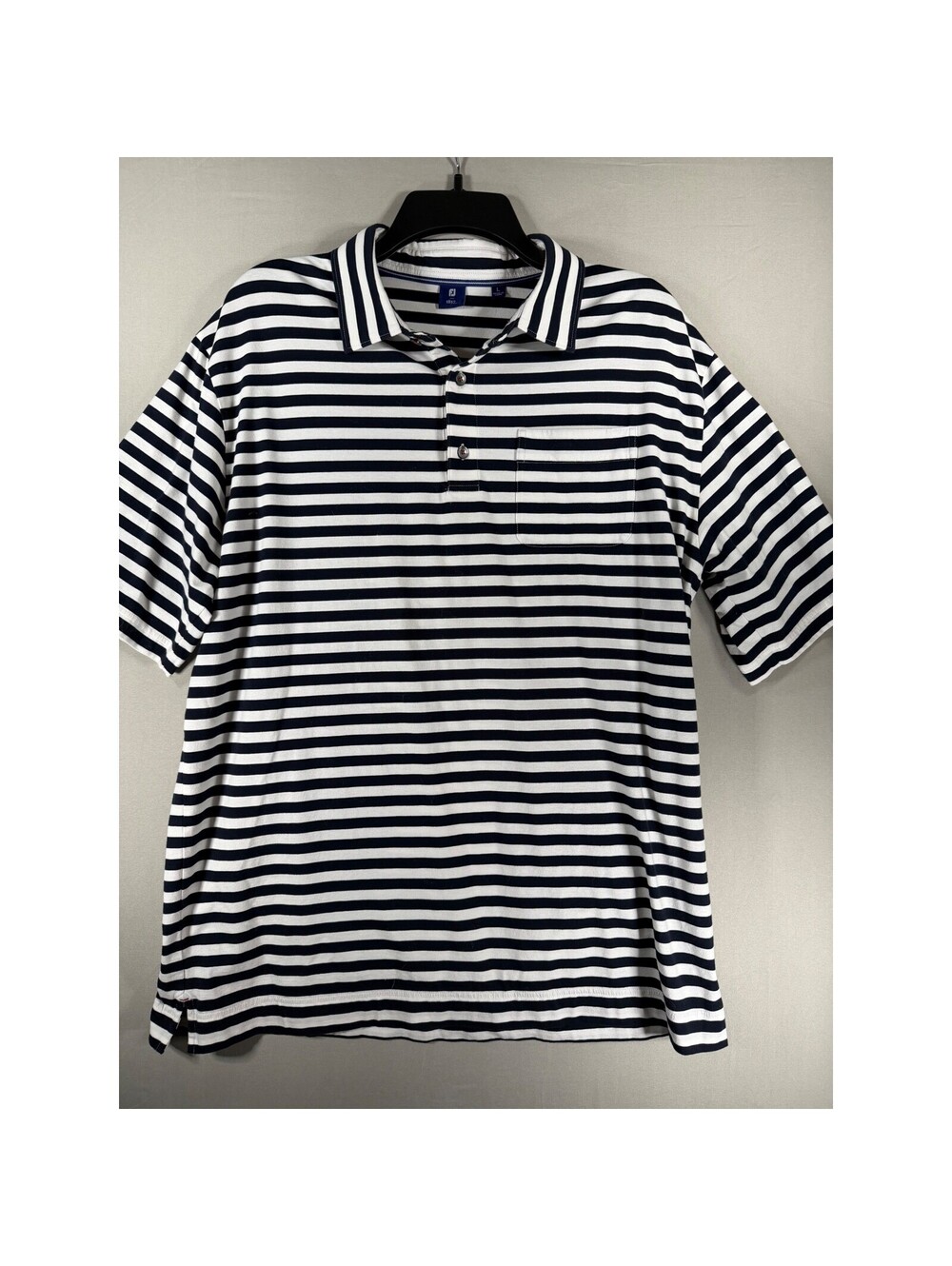 FootJoy 1857 Mens Polo Shirt Large Navy White Striped DeBordieu Golf Pocket L